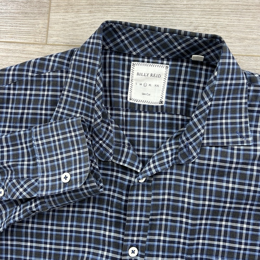 Billy Reid Large Slim Cut Mens Long Sleeve Button Down Shirt Plaid Blue Gray